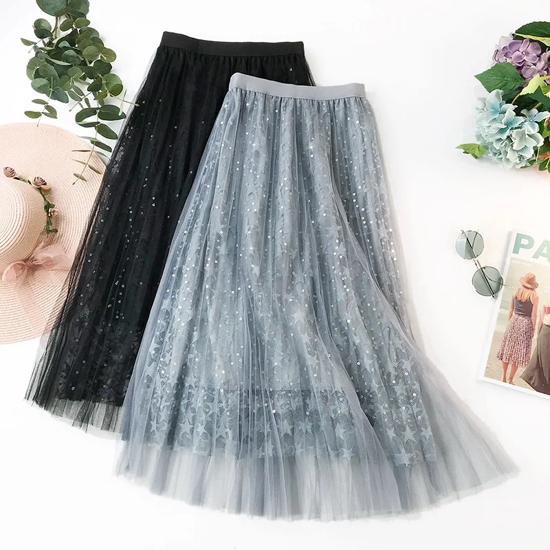 

Five-pointed Star Lace Skirt 2019 Spring and Summer Bling Starry Stars Embroidered Sequined Mesh Half-length Skirt