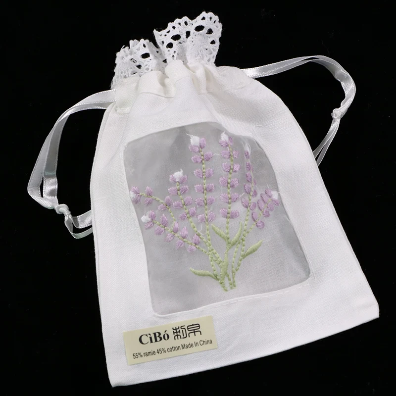 B011 White ramie cotton 12pieces embroidery Lavender gift bags Lace edge Storage bags 5x7 inches sachet bags, travel pouch