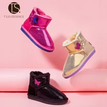 T S children boots Genuine Leather kids Golden Girls Butterfly button snow Boots kids winter