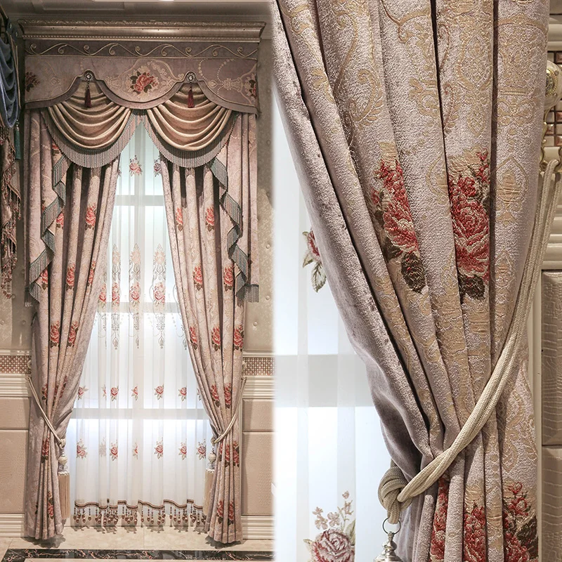 

Custom curtains European American Pastoral Thicker Upscale Dyed embroidered Chenille cloth blackout curtain valance tulle E810