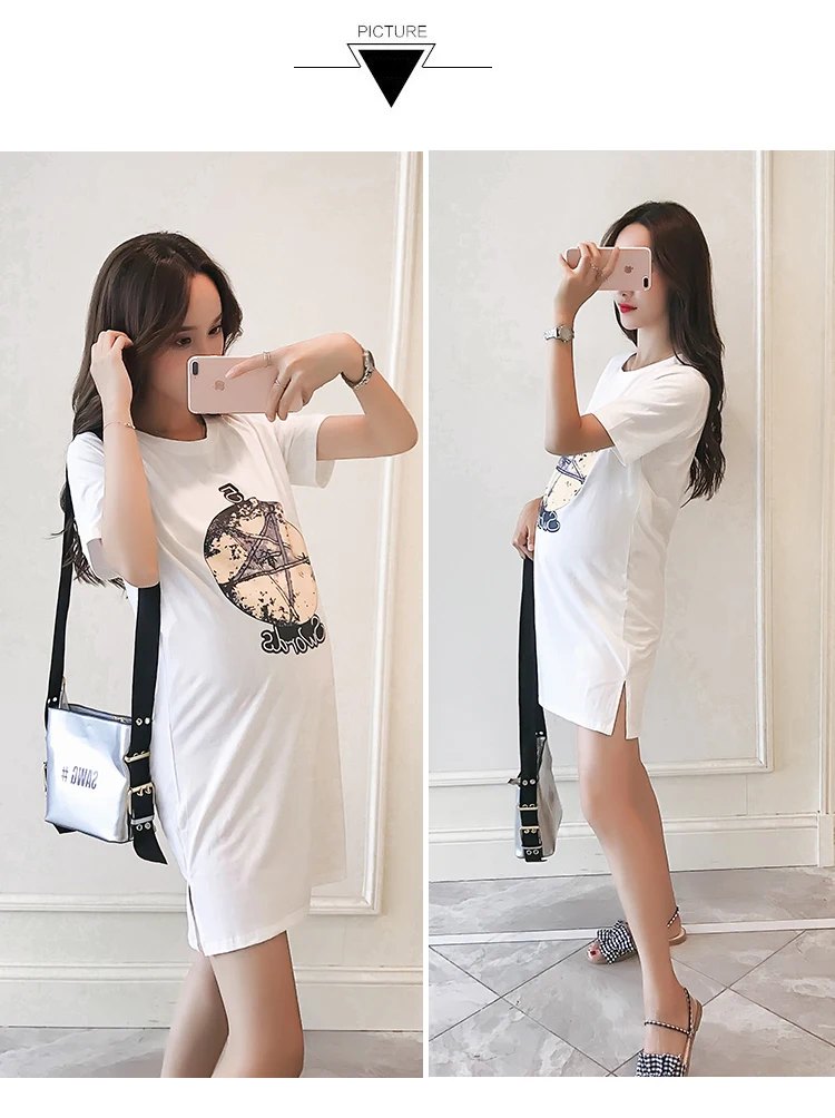 Корейская мода для беременных платье лето новый принт с коротким рукавом беременных женщин футболка беременность платье