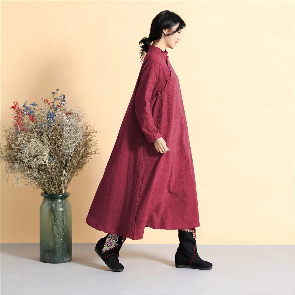 

New Autumn and Winter Dress Women Cotton Linen Dress Chinese Style Big Code Loose Long Robe Casual Long Sleeve Dresses D318