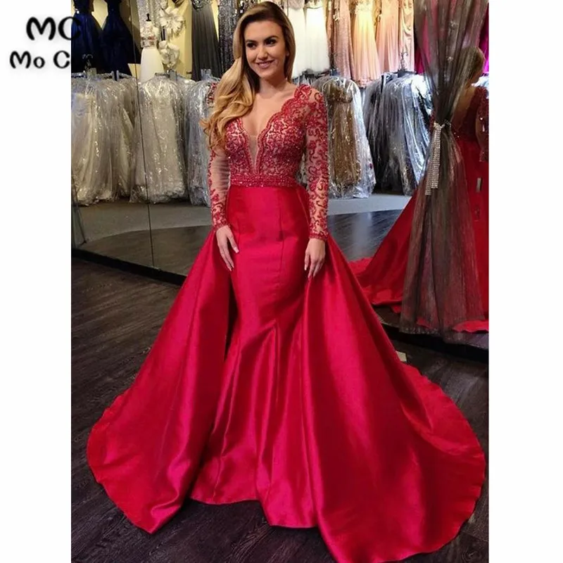 Mermaid Long Sleeves Beaded Red Lace Prom Dress ,Cheap Prom Dresses3
