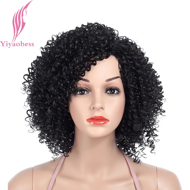 

Yiyaobess 14inch Afro Kinky Curly Wig Black Short Hair Heat Resistant Synthetic Natural Womens Wigs For African Americans