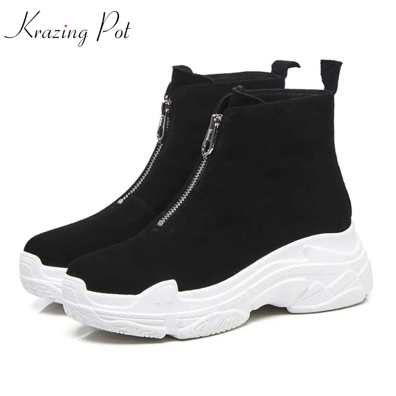 

Krazing Pot kid suede flock thick bottom waterproof beauty zip superstar decoration European style vintage 2018 ankle boots L76