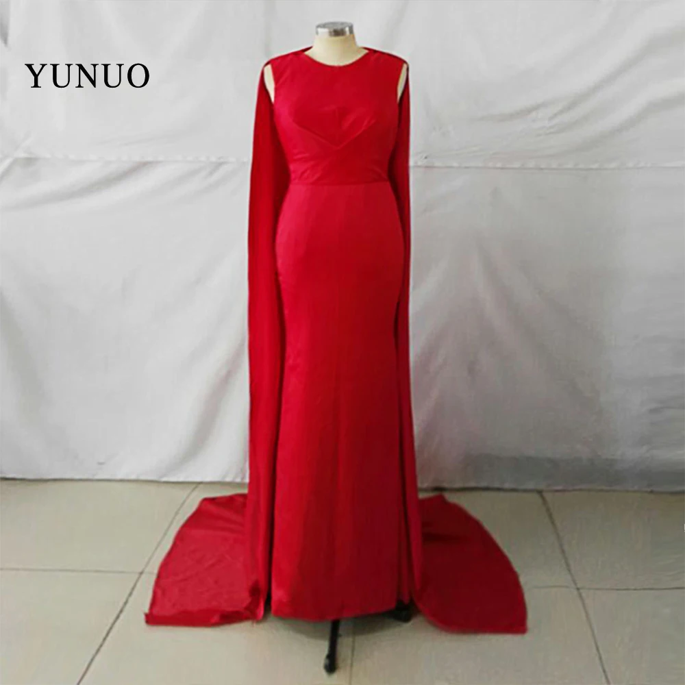 

2019 Arabic Red Long Evening Dresses Robe De Soiree O Neck with Ruched Cape Satin Mermaid Formal Dresses Abendkleider x10241