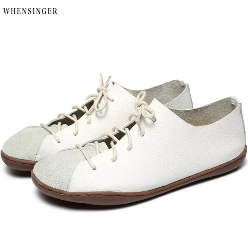 

Whensinger - Women Flat Shoes white loafers Genuine Leather Casual Tie Flats Shoe Driving shoes Ventilation