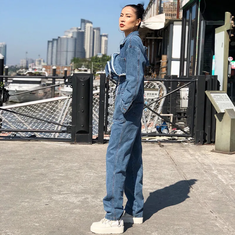 Fall Denim Jumpsuits Women Lapel Long Sleeve High Waist Wide Waistband Women's Romper Safari Style Jumpsuit with Waist Bags