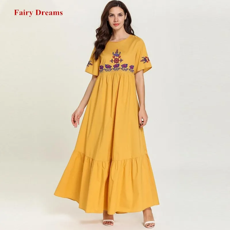 Женское длинное мусульманское платье с вышивкой желтое летнее abaya Femme Дубай