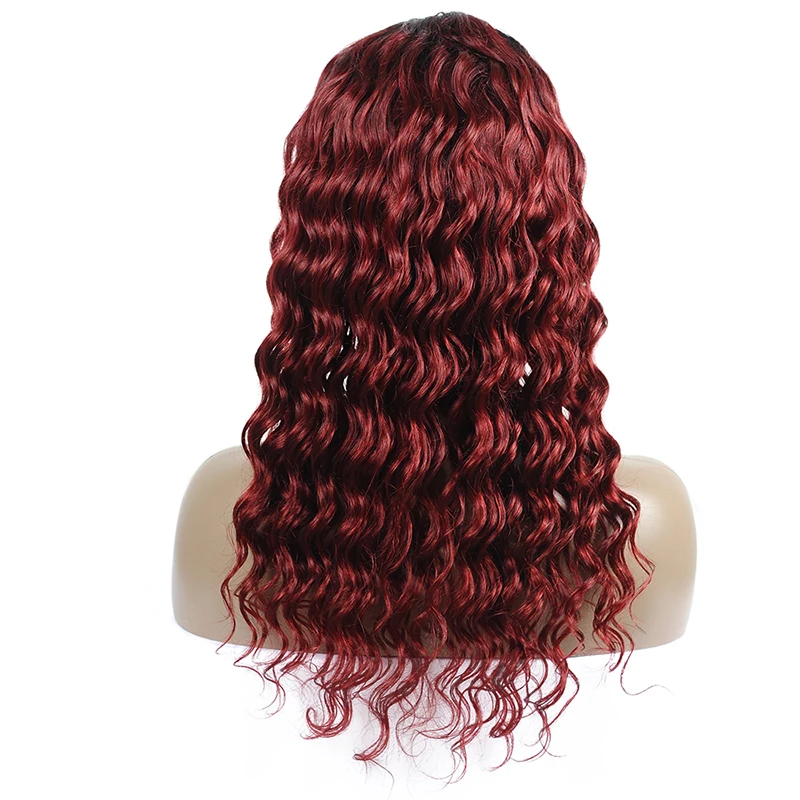 Remyblue T1B 99J Ombre 4*4 перуанский свободный глубокий волнистый кружевной парик бордовые красные кружева Закрытие человеческих волос парики