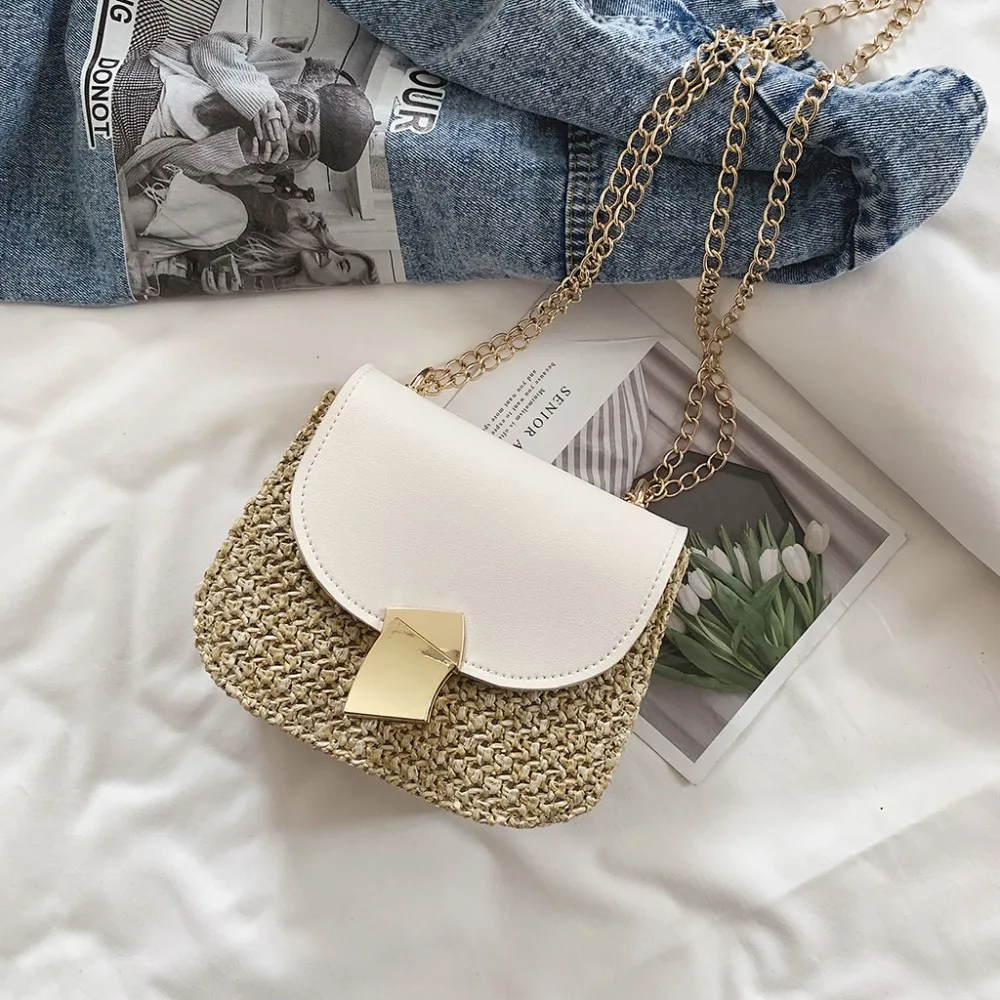 

Summer Leather Handbags PU Women Shoulder Bag Chain Strap Flap Designer Handbags ladies straw leather handbags With Metal Buckle