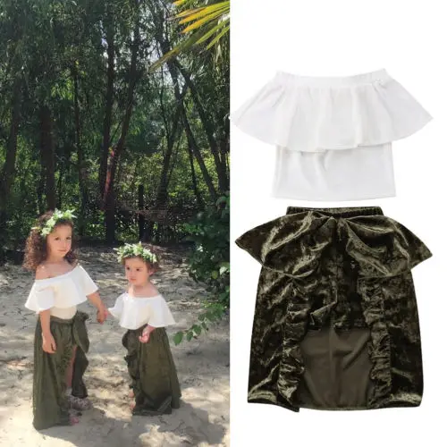 

2018 New Kids Girl Velvet Clothes Summer Baby Girls Off Shoulder Tops Ruffle Shirt Green Velvet Shorts Skirt Clothes Outfits