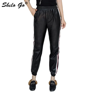 

Streetwear Leather Pants Women Casual Side Line High Waist Sheepskin Genuine Leather Harem Pants Concise Loose Female Capris