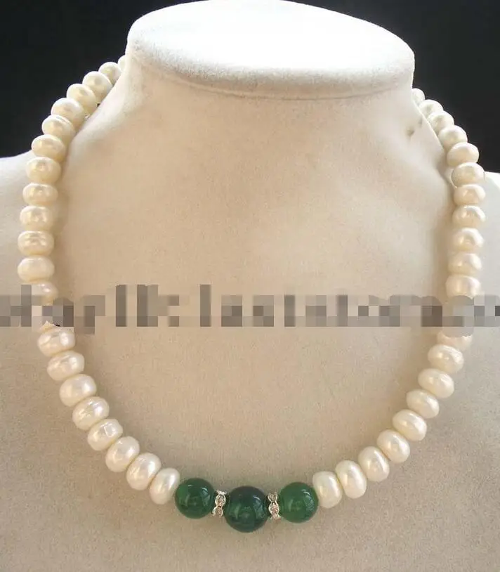 

Free Shipping >> freshwater pearl white roundel 9-11mm green jade round necklace 17" wholesale