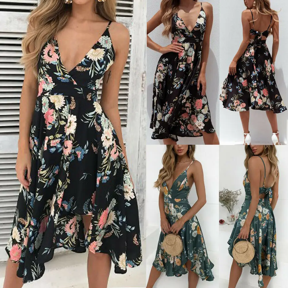

Hirigin NEW Women Summer Casual Sleeveless Floral Ladies V-neck Ruffles Sling Dress Evening Party Beach Short Dress