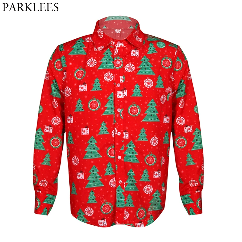 3D Christmas Trees Print Shirt Men Casual Slim Fit Long Sleeve Mens Red