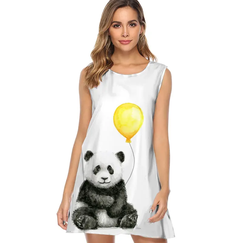

Baby Panda with Yellow Balloon Whimsical Watercolor Animal Women Dress Print Chiffon Summer Sleeveless Casual Loose cute Dress