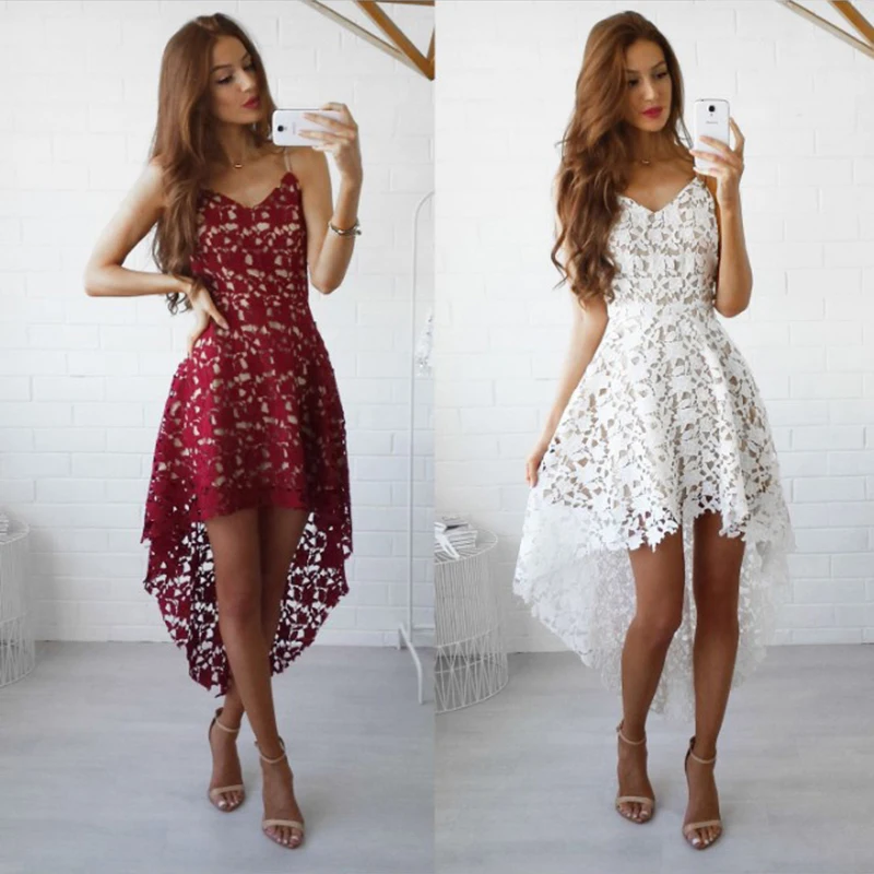 

lace halter mini dress sleeveless off-the-shoulders high-low hem women's clothing sexy and charming club wear sheath style for o