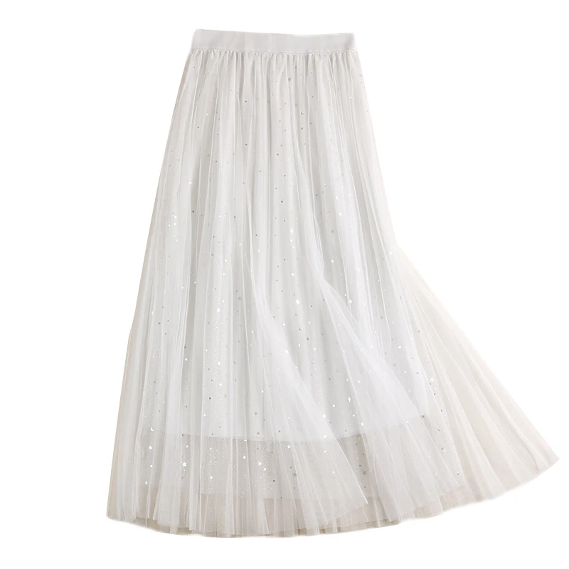 SETWIGG Sweet Stars Sequined A line Long Pleated Mesh Skirts Stretch ...