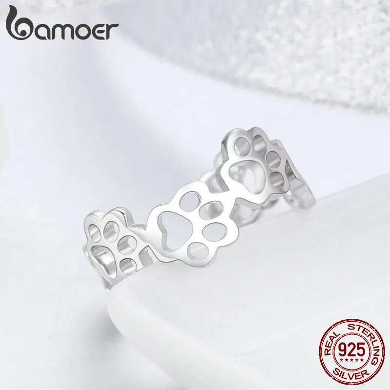BAMOER Hot Sale 925 Sterling Silver Adjustable Cat And Dog Footprints Paw Trail Rings for Women Party Silver Jewelry SCR424