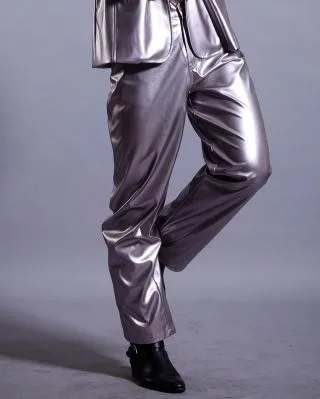 Серебряный певец костюмы ПУ искусственная кожа брюки для мужчин 1 Брюки Мужские Сценические брюки мужские брюки одежда обеспечивают на заказ