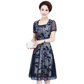

Middle-aged Women Dress Summer Mother Dress Short-sleeved Dress Women Printed Square collar Elegant Chiffon Comfort Dress DT0055