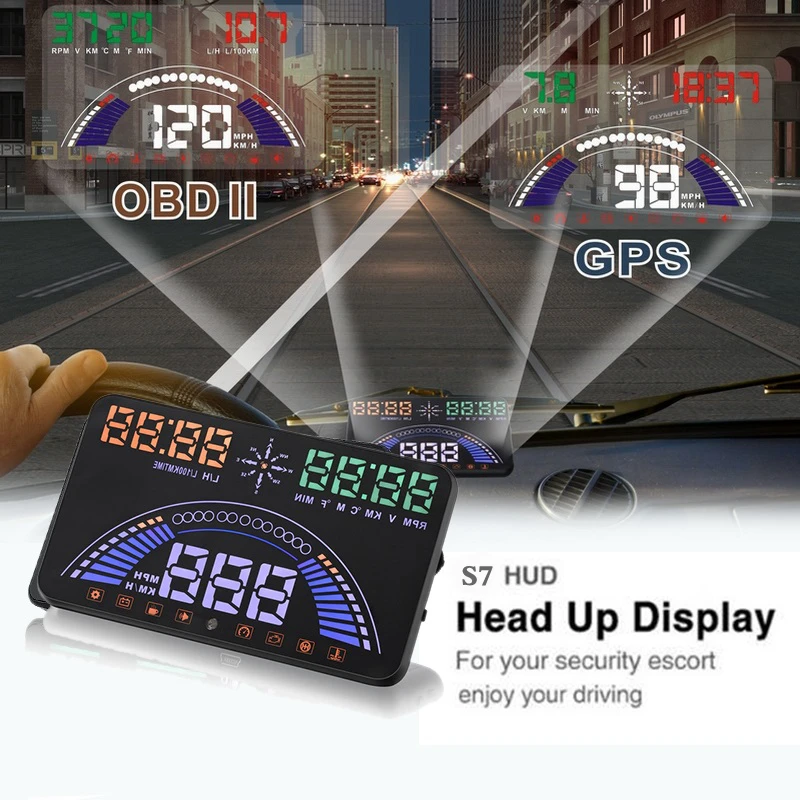 

GPS HUD System Head Up Display OBD II Interface Engine Fault Alarm Dynamic Speed S7 Speedometer 5.8" Screen LED Car OBD2 Auto