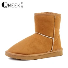 QWEEK Women Boots Suede Round Toe Snow Boots Size 35-40 Slip-on Winter Warm Thickening Flat Breathable Ankle Boots for Women
