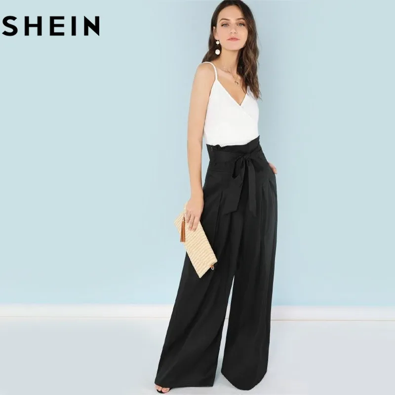 Skup SHEIN z wszytym paskiem Box plisowane spodnie palazzo kobiety eleganckie luźne długie spodnie 2018 spadek imbir wysokiej talii spodnie szerokie nogawki