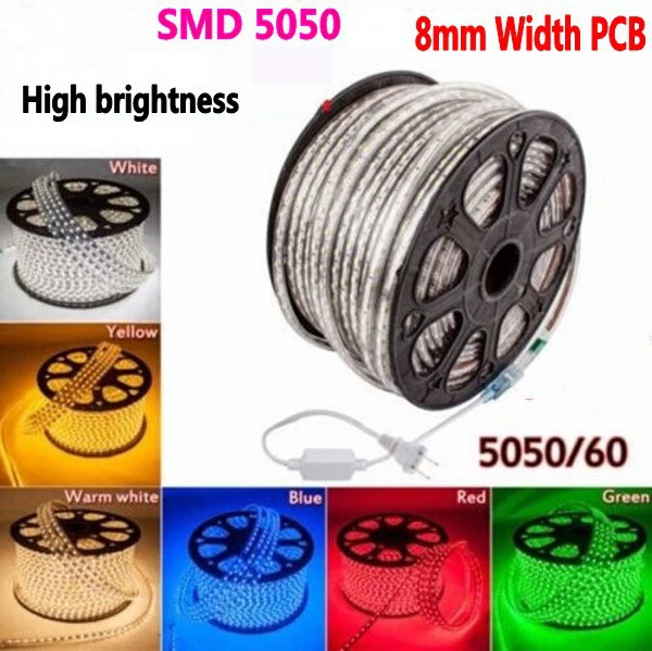 100 м/лот 220 В 240 8 мм PCB SMD 5050 RGB светодиодные ленты Веревка свет высокий яркий