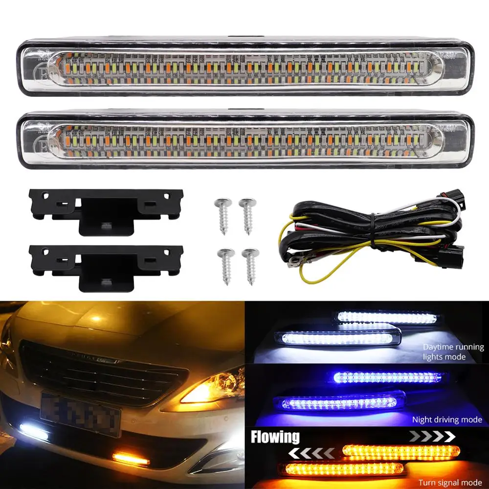2x DC12V Water Flowing LED Amber+White 30cm Car Turn Signal Lamps DRL Fog Lights 