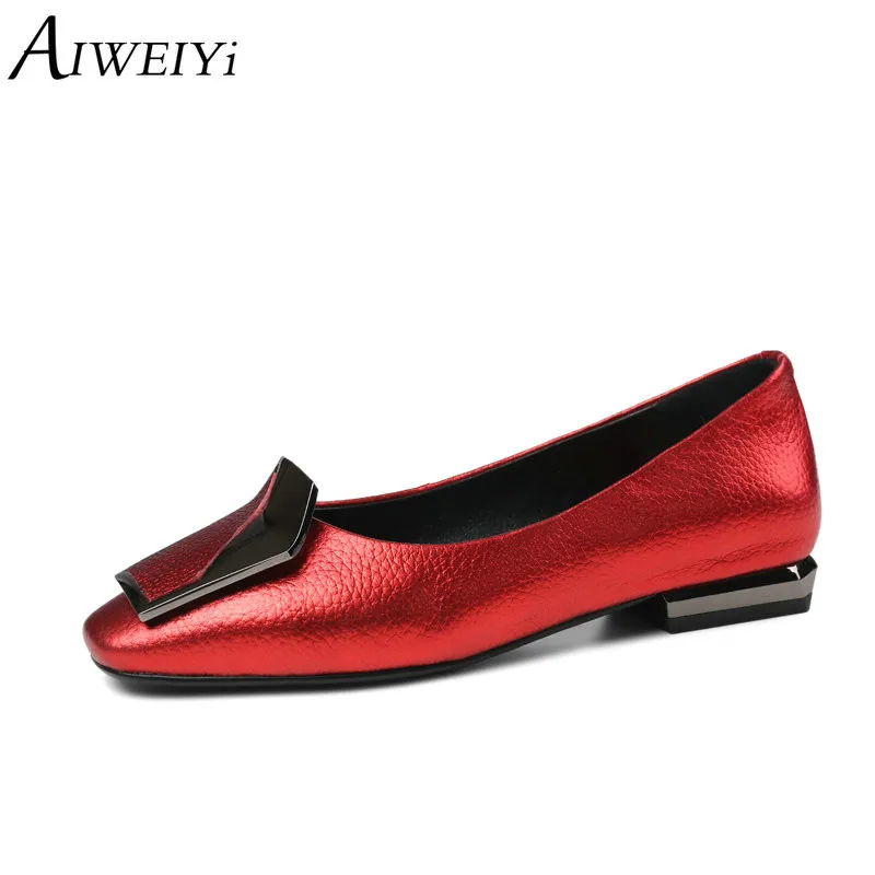 

AIWEIYi Women Genuine Leather Shoes New Fashion Square Toe Thick High Heels Luxury Shoes Woman Slip On Wedding Party Pumps
