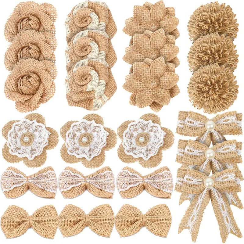 

24Pcs Burlap Flowers,8 Styles Natural Handmade Rustic Rose Flower Bowknot With Faux Pearls For Diy Craft Bouquets Home Wedding