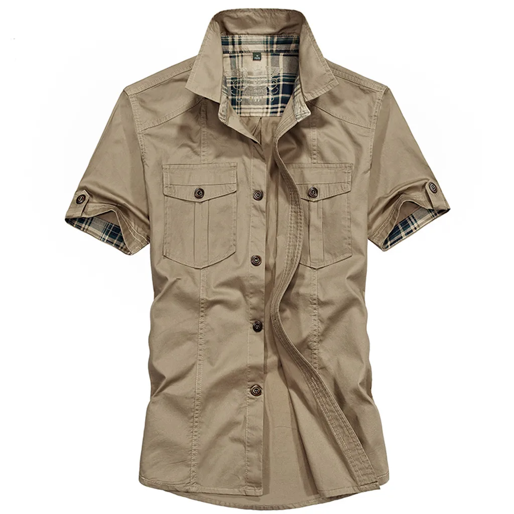 Feitong, мужская рубашка, блузки, повседневная, модная, военная, одноцветная, с карманами, с коротким рукавом, рубашка, топ, blusa masculina
