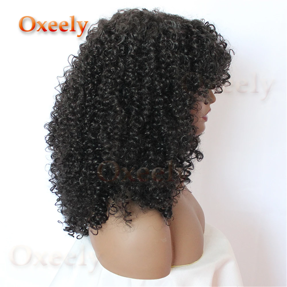 Oxeely высокая плотность кудрявые парики Шелковый топ синтетические АФО парики для женщин с челкой натуральный черный цвет волос
