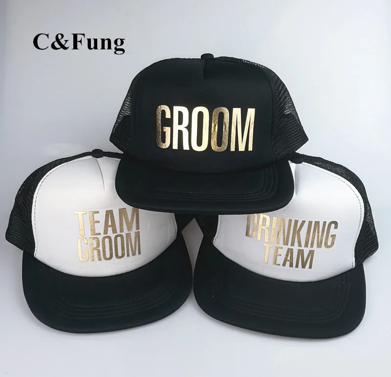 

C&Fung TEAM BROOM DRINKING TEAM trucker hats flat brim hip hop Caps hats for party Wedding Preparewear golden print mesh hat