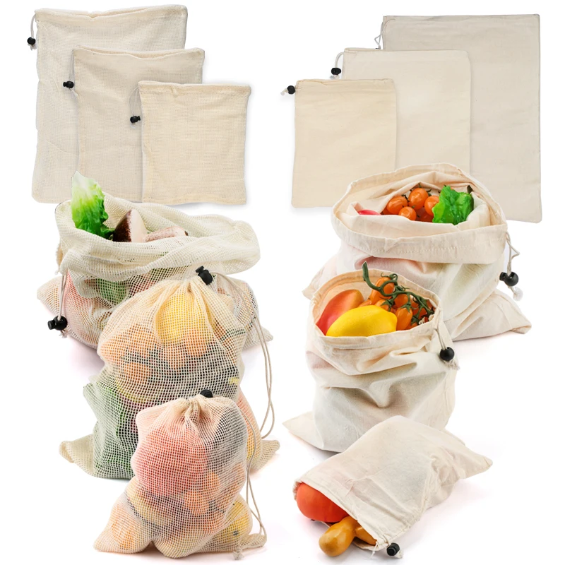 

3 Pcs Reusable Fruit Vegetable Bag Grocery Shopper Rope drawstring Closure Cotton Home Kitchen Storage Stuff Washable Mesh Bags