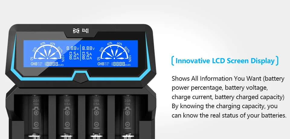 XTAR X4 быструю зарядку ЖК-дисплей относится к 3,6 V/3,7 V Li-Ion 16340/18650 26650 32650 Тип/IMR/INR/ICR, 1,2 никель-металл-гидридный аккумулятор с напряжением/Ni-CD Батарея Зарядное устройство