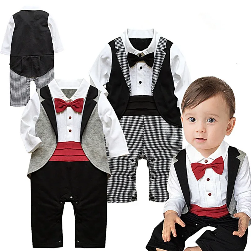 Baby Bodysuits Boy's Long-sleeved Bow Tie Jumpsuit Fake 3pcs Baby Clothing New 2019 Baby Robes Gentleman Casual Outfits 0-18M