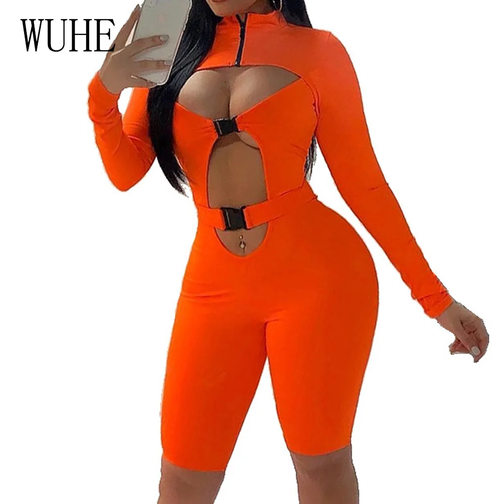 

WUHE Sexy Hollow Out Long Sleeve Hight Neck Rompers Womens Jumpsuit Autumn Orange Irregular Open Chest Bodycon Party Overalls