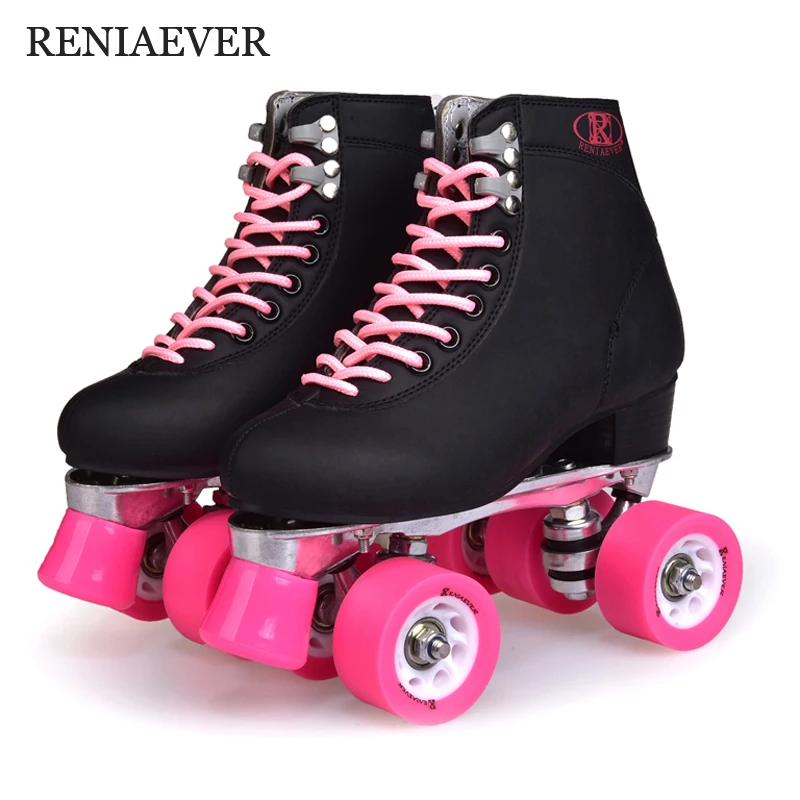 صف مزدوج الزلاجات ، أربع عجلات الكبار الأسطوانة التزلج حلبة ، المعادن سوليد ، حذاء أسود ، الوردي عجلة ، الشارع زلاجات دوارة