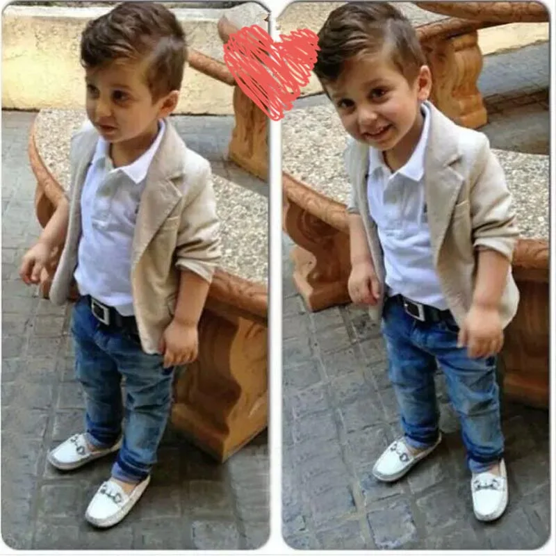 

2-8Y Kids Fashionable Boutique Pure Color Suit Gentleman Casual Shirt +Khaki Coat+Denim jeans Hot Selling