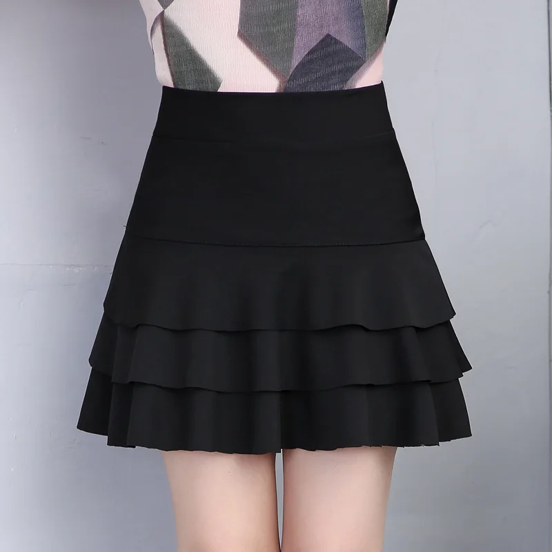 

2019 Spring Sexy Tiered Skirts Women Korean Slim Solid High Waist Elastic Pleated Skirt Plus Size Black Red A Line Skirt
