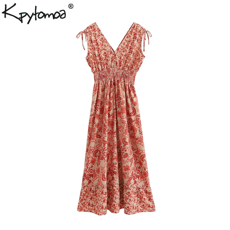 

Vintage Chic Floral Print Ruffles Pleated Midi Dress Women 2019 Fashion Sleeveless Bow Tie Ladies Dresses Casual Vestidos Mujer