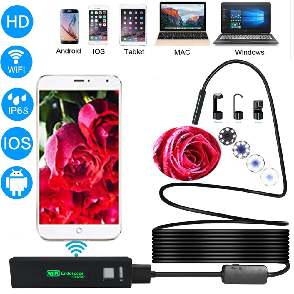 1200P 8MM 2/5M Semi-Rigied Wifi Endoscope Inspection Borescope Snake Video Flexible Camera for IOS Android Car Detection
