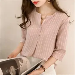 Женская полосатая блузка, повседневные блузы с v-образным вырезом, 2019 Летняя женская рубашка, офисные топы, три четверти рукав, Корейская