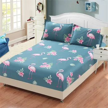 

Spring Pink green Flamingo leaves plant Pattern Bed fitted Elastic Bed Linen king Queen full twin Mattress Covers Bedspread 3Pcs