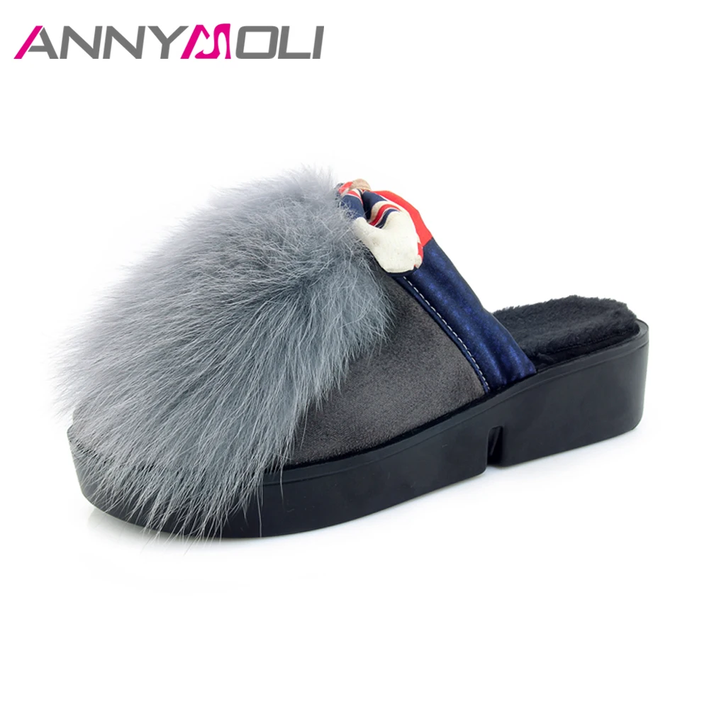 

ANNYMOLI Women Shoes Winter Flat Slippers Bow Platform Slides Real Rabbit Fur Shoes 2018 Spring Riband Mules Shoes Size 34-44