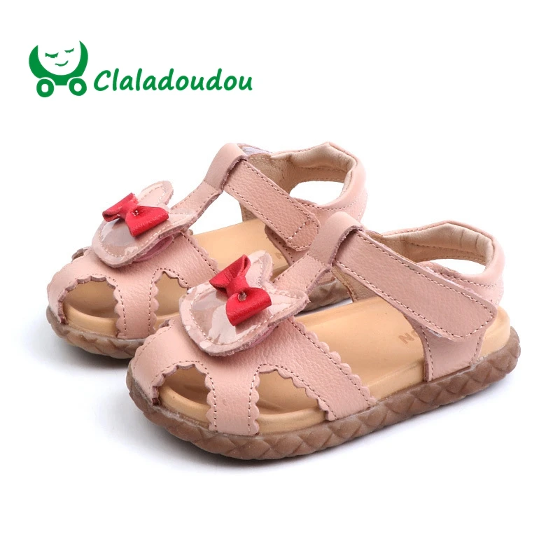 

Claladoudou13.5-15.5CM Brand Genuine Leather Sandals Girls Summer Flats Closed Toe Kids Sandals Pink Beige Girl Toddler Shoes