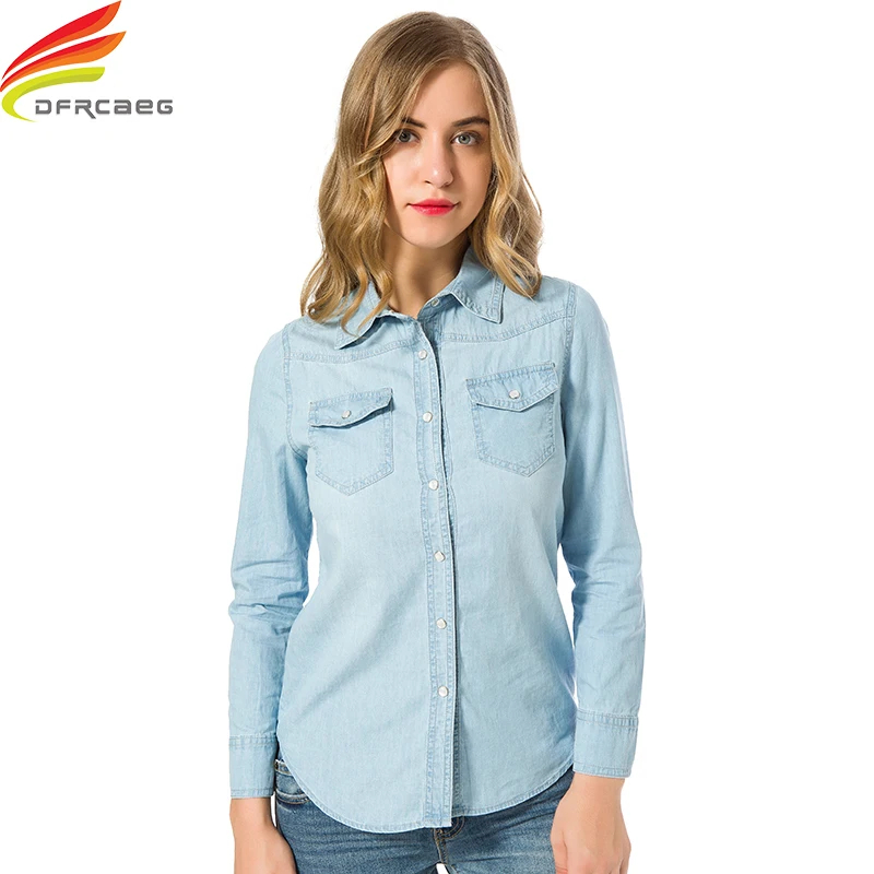 Preise Denim Shirt Frauen Herbst 2019 Blau Und Sky Blau Kleidung Plus Größe Hemd Mit Doppel Taschen Lange Ärmel Bluse Elegante shirts